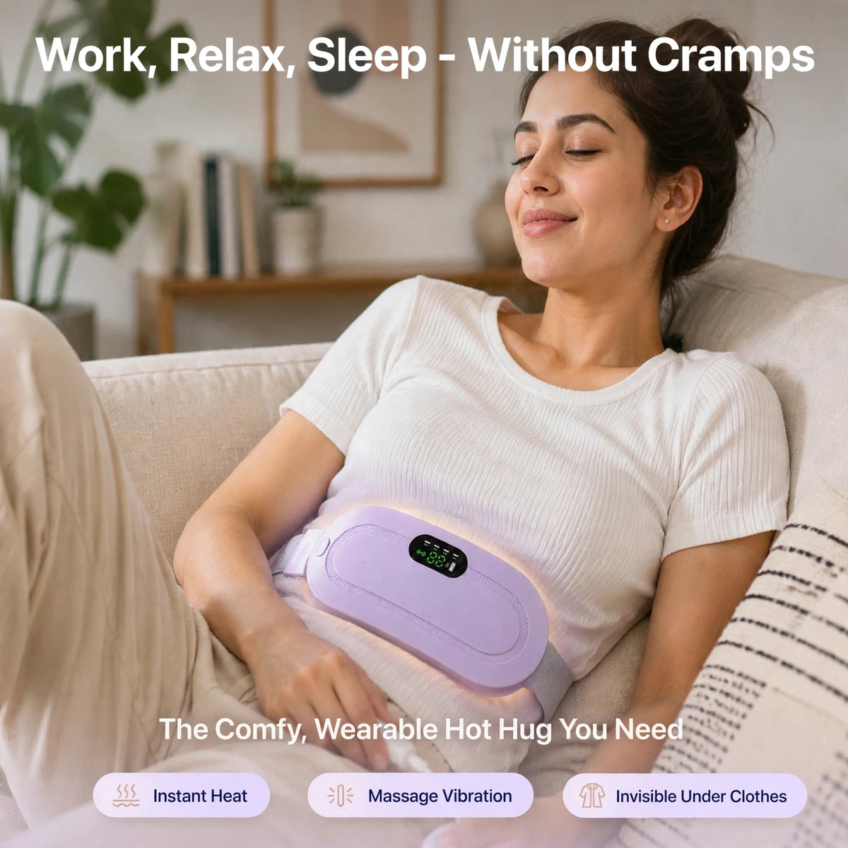 Our 2-in-1 Period Cramp Relief Belt combines *Soothing Heat + Vibration Massage* to melt away cramps in minutes.